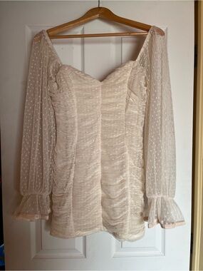 Ivory Swiss-Dot Ruched Mini Dress with Sheer Long Sleeves bachelorette